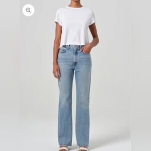 Agolde High Rise Straight Leg Jeans in Light Blue Wash